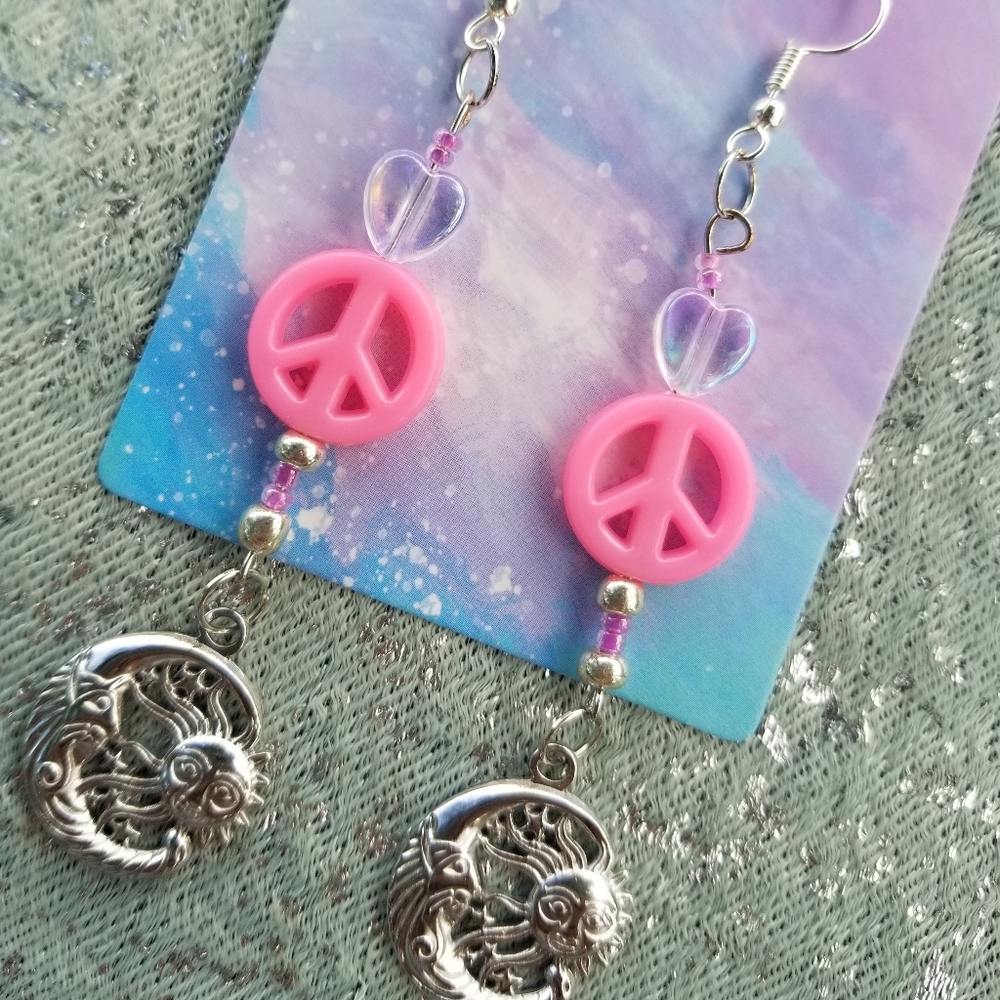 Peace moon sun earrings beaded dangles